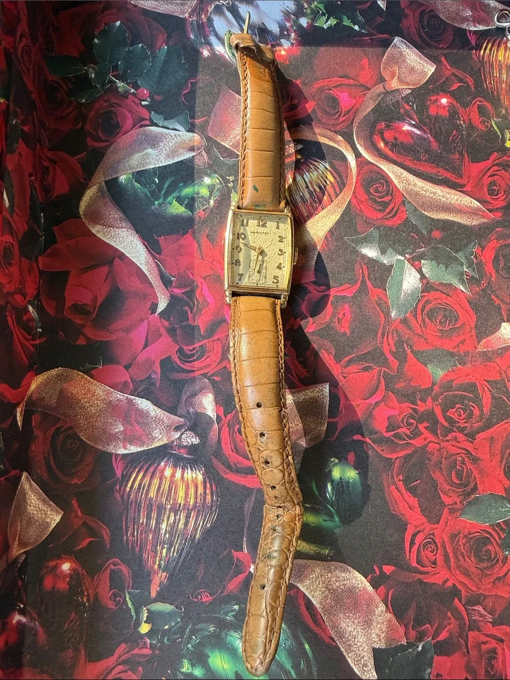 Hamilton Gold-Tone Rectangular Vintage Watch with Tan Leather Strap